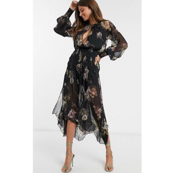 ASOS Drop Waist Floral Midi Fairy Goth Dress Size 6 - Picture 3 of 16